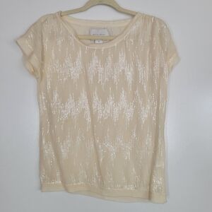 Brochu‎ Walker Sheer Silk Chevron Sequins Pattern Blouse Small Shimmer Beige